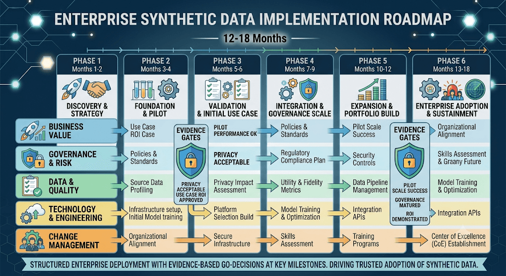 Infographic titled Enterprise Synthetic Data Implementation Roadmap spanning 12–18 months across six phases and swimlanes for business, governance, data, technology, and change.