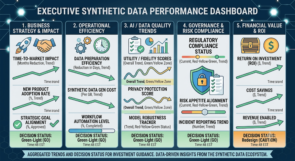 Infographic titled Executive Synthetic Data Performance Dashboard with columns for strategy, efficiency, quality, governance, and financial value.