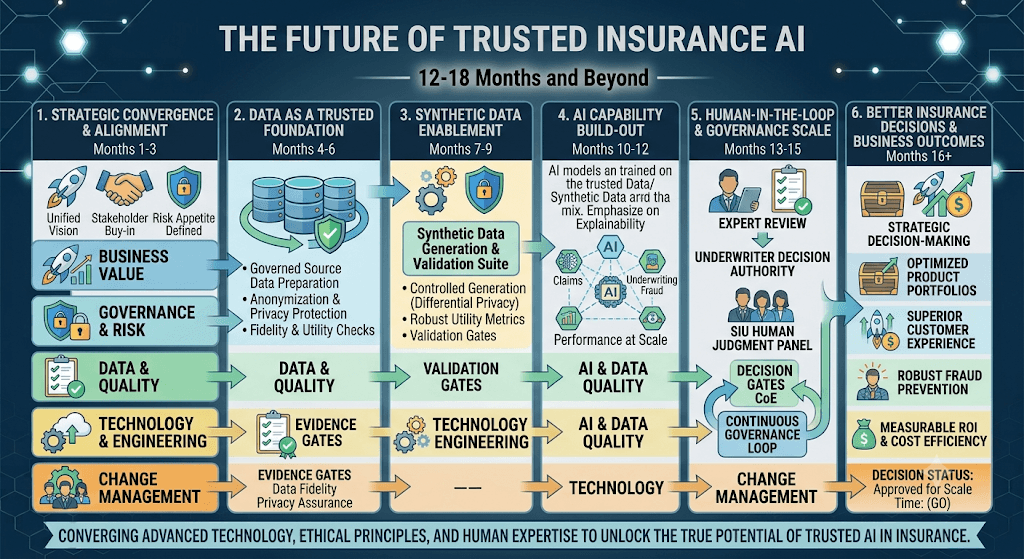 Infographic titled The Future of Trusted Insurance AI with six stages over 12–18 months-plus from strategic convergence to business outcomes.