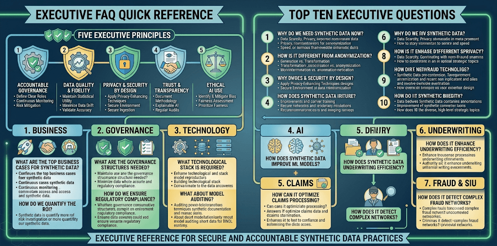 Infographic titled Executive FAQ Quick Reference with five principles, top ten questions, and domain FAQs for business, governance, technology, AI, claims, underwriting, and fraud.