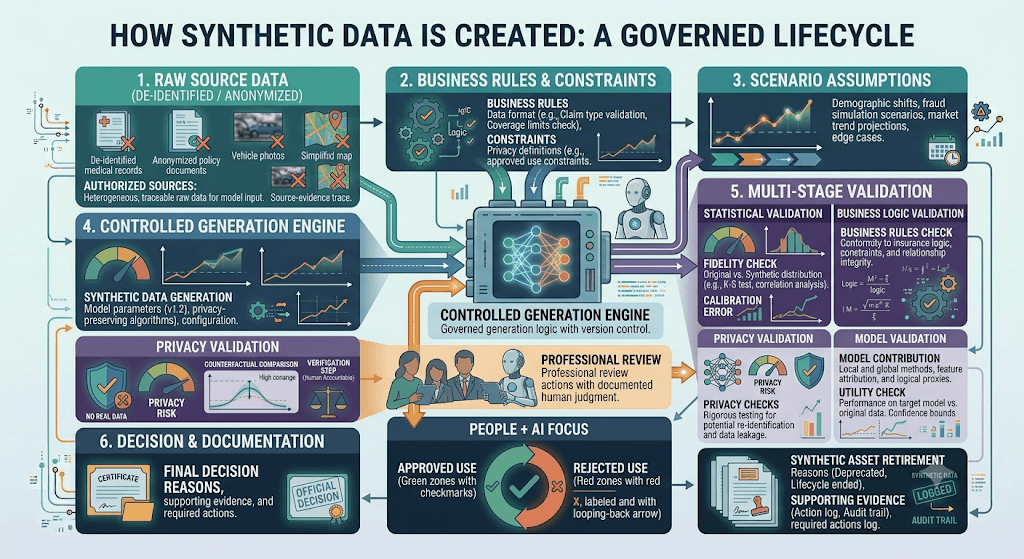 Diagram titled How Synthetic Data Is Created from raw data and rules through scenario assumptions, generation, multi-stage validation, and documented decision.