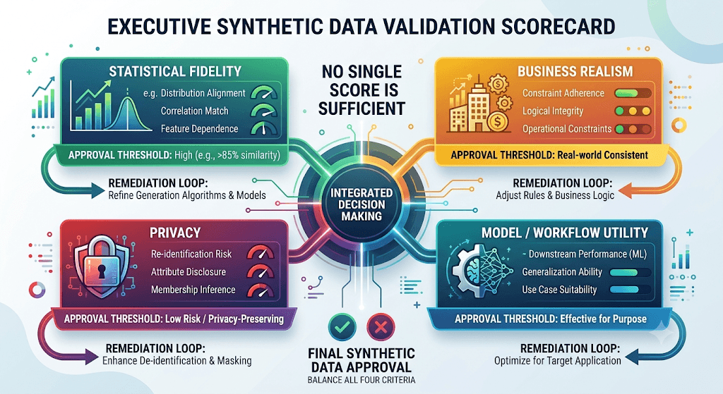 Infographic titled Executive Synthetic Data Validation Scorecard scoring statistical fidelity, business realism, privacy, and model/workflow utility into an integrated decision.