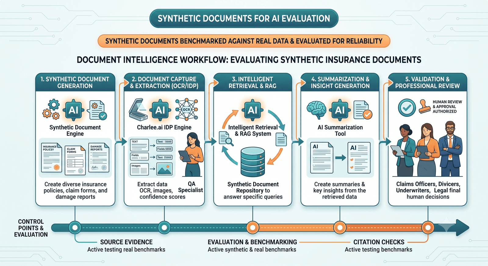 Diagram titled Synthetic Documents for AI Evaluation from generation through OCR/IDP, retrieval and RAG, summarization, and professional review.