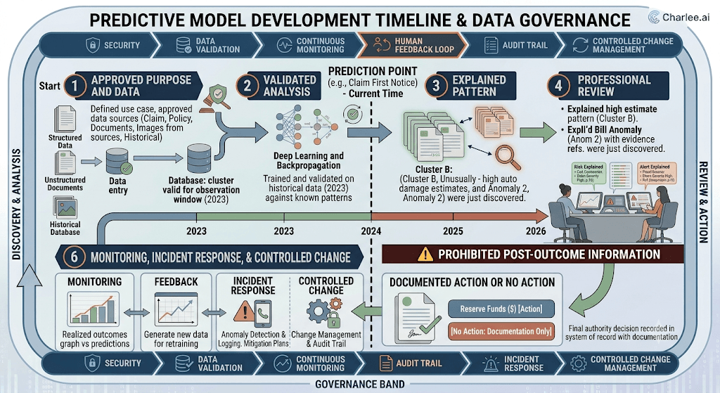 Infographic titled Predictive Model Development Timeline & Data Governance with approved purpose, validated analysis, explained pattern, professional review, and prohibited post-outcome information.