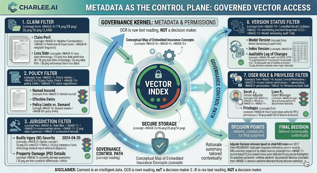 Infographic titled Metadata as the Control Plane: Governed Vector Access with claim, policy, jurisdiction, role, and version filters around a locked vector index.