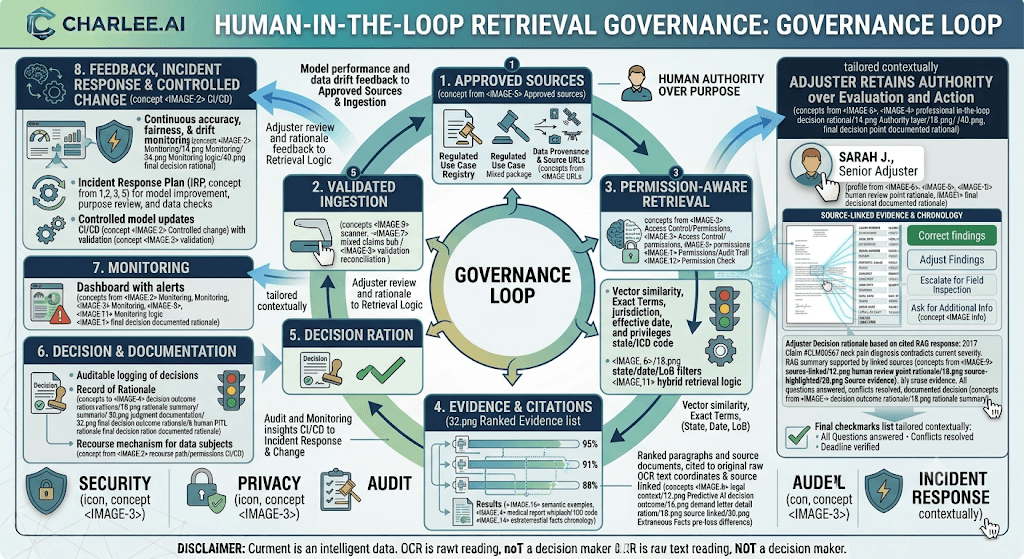 Infographic titled Human-in-the-Loop Retrieval Governance: Governance Loop from approved sources through permission-aware retrieval, citations, documented decisions, monitoring, and incident response.